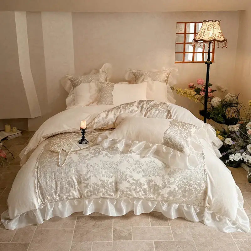 Elegant ivory satin bedding set with silver floral embroidery and delicate ruffled edges decorbites french lace ruffles
