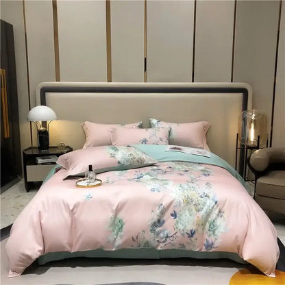 Pink and teal floral egyptian cotton bedding set with a soft satin-like finish perfect for bedroom use