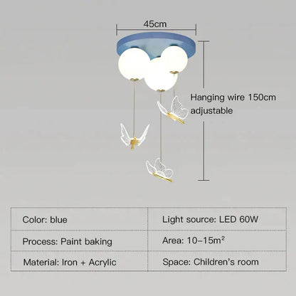 Blue ceiling ball ceiling lamp with three white spherical bulbs and gold butterfly ball decorbites butterfly ball design