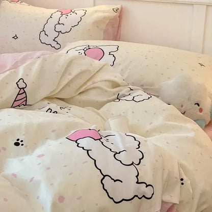 Cream-colored quilt cover with decorbites cartoon printed pink and black clouds and subtle polka dots in cotton