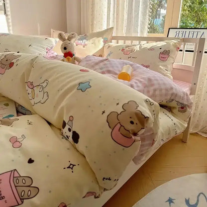 Cream-colored quilt cover with decorbites cartoon printed cotton featuring cute animals and pastel accents