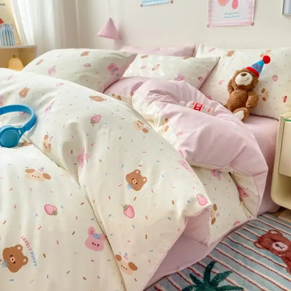 Cute cream-colored quilt cover with playful bear and strawberry prints from decorbites cartoon printed cotton bedding set