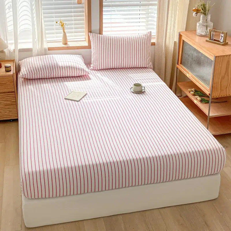 Pink and white cotton stripe fitted sheet with a smooth, fitted design for bedroom mattress decorbites cotton stripe
