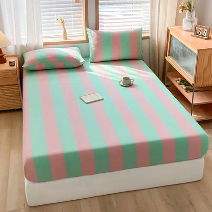 Pink and white cotton stripe fitted sheet and pillowcases in pastel pink and mint green soft fabric by decorbites cotton stripe