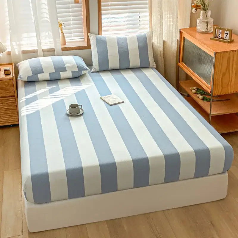 Blue and white cotton stripe fitted sheet with smooth stretchy fabric finish for bedroom mattress cover decorbites cotton stripe