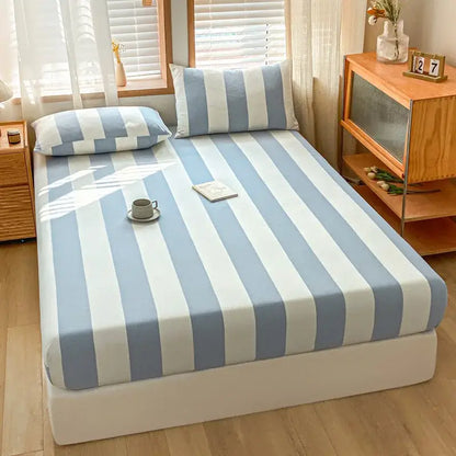 Blue and white cotton stripe fitted sheet with smooth stretchy fabric finish for bedroom mattress cover decorbites cotton stripe
