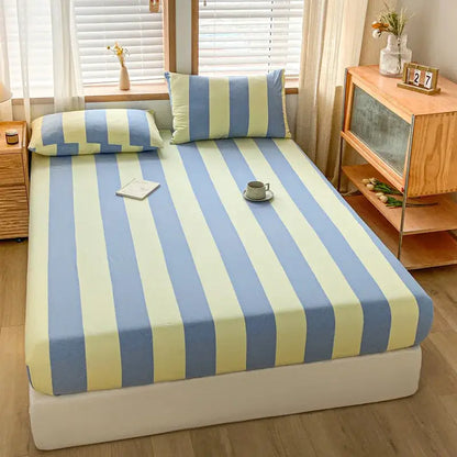 Blue and yellow striped cotton stripe fitted sheet with matching pillows for decorbites bedroom mattress cover