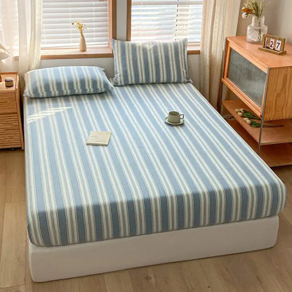 Blue and white cotton stripe fitted sheet with smooth design for bedroom mattress cover by decorbites cotton stripe