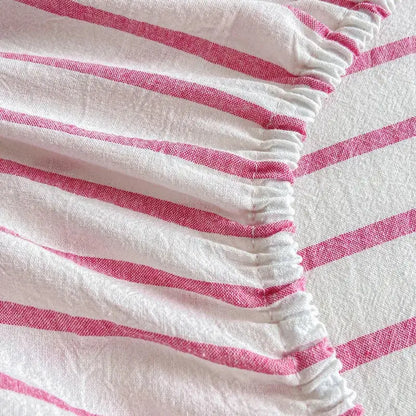Pink and white cotton stripe fitted sheet with soft textured fabric and gathered edge for bedroom mattress cover decorbites cotton stripe