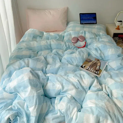 Light blue and white gingham patterned quilt cover from decorbites cozy cotton grid bedding sets for bedroom use