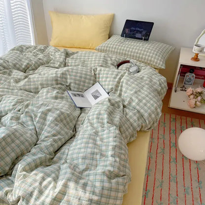Soft green and white plaid duvet cover set with cozy textured fabric from decorbites cozy cotton grid bedding sets