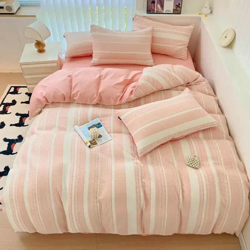 Pink and white striped bedding set with soft textured decorbites cotton jacquard fabric for elegant bedroom decor