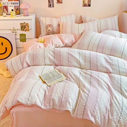 Pink and white striped cotton jacquard bedding set with textured fabric finish ideal for bedroom decorbites decorbites cotton jacquard