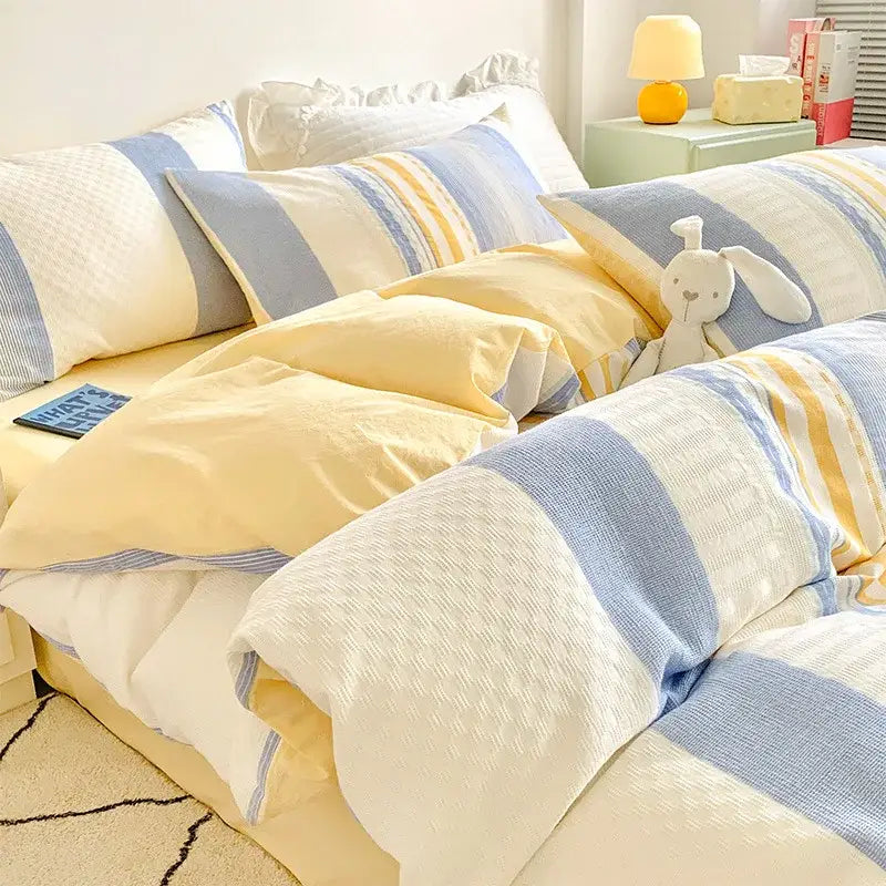 Soft yellow and blue striped cotton jacquard bedding set with cozy knit pattern ideal for decorbites cotton jacquard decor