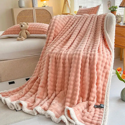 Pink and white textured cozy faux rabbit fur throw blanket with ribbed surface and fleece trim for bedroom decorbites cozy faux