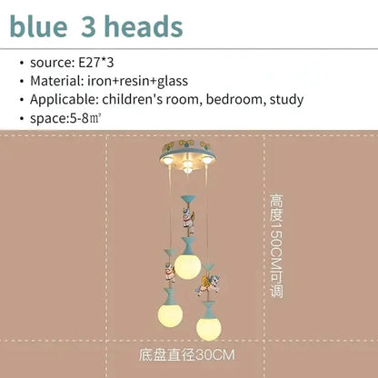 Blue three-head pendant light with iron resin glass and whimsical cartoon figures for children room ceiling light