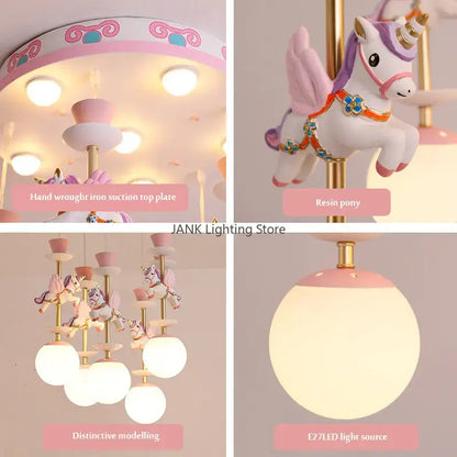 Pastel pink and white resin unicorn led pendant ceiling light with gold accents for children room ceiling light