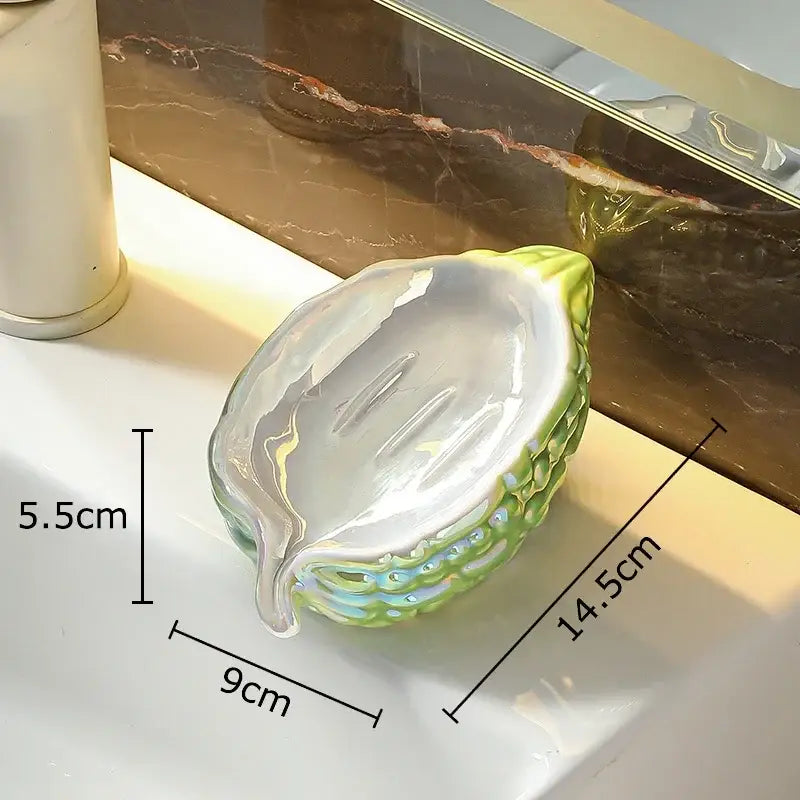 Glossy leaf-shaped bitter gourd ceramic soap dish with green and white gradient for bathroom drainage rack use