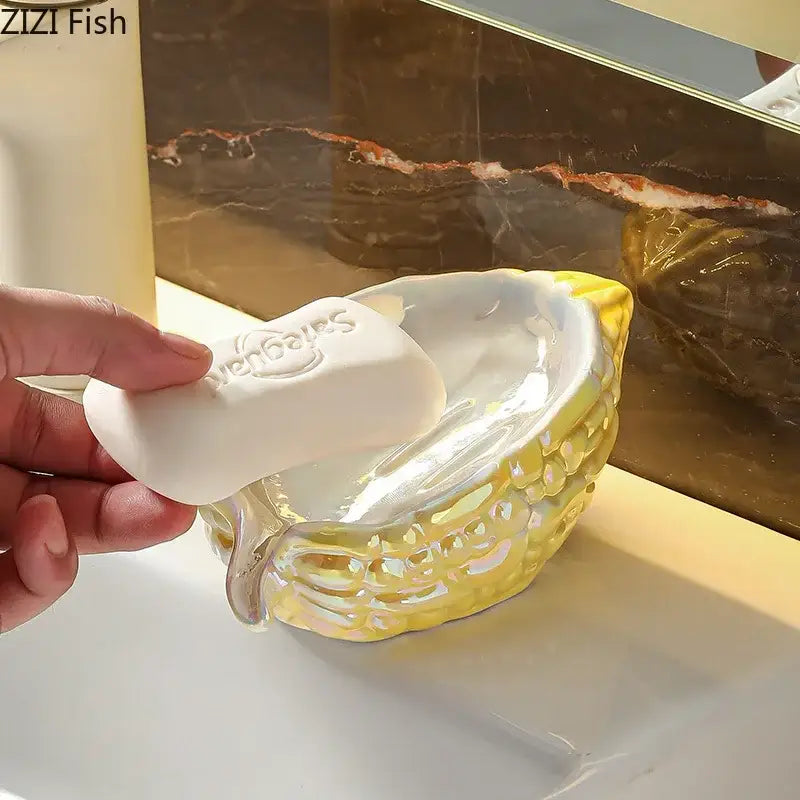 Yellow ceramic corn-shaped soap dish featured in pink and yellow bitter gourd ceramic soap bathroom drainage rack