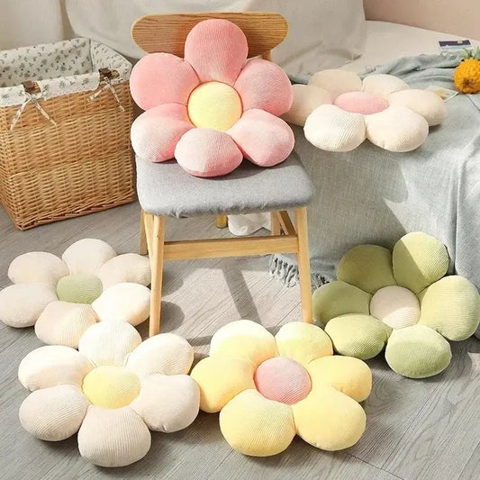 Pink and yellow daisy lumbar support flower cushion in corduroy fabric displayed on wooden chair decorbites daisy lumbar