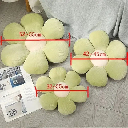 Set of three pastel green corduroy daisy lumbar support cushions with cream centers by decorbites for living room decor