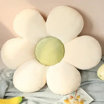 Cream-colored corduroy flower-shaped pillow with pale green center for decorbites daisy lumbar support cushion