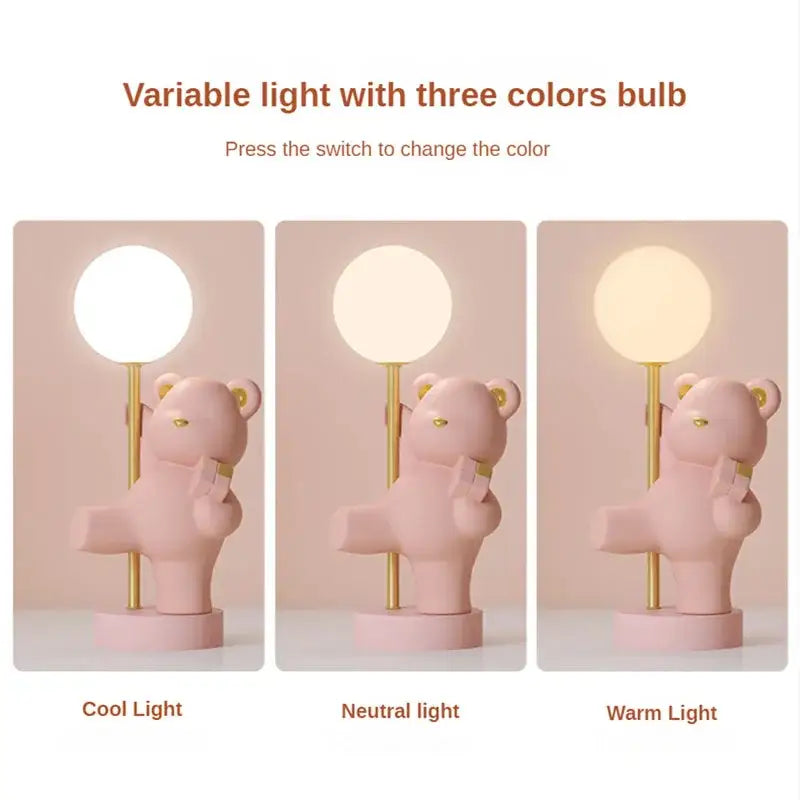 Pink bear princess desk night light with gold stand and three color-changing led bulb options for bedroom use