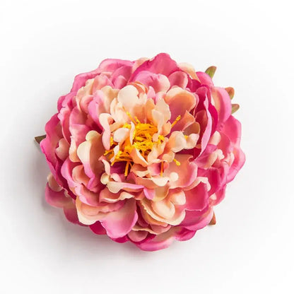 A vibrant pink and peach gradient big peony headwear artificial flower with layered petals and a bright yellow center