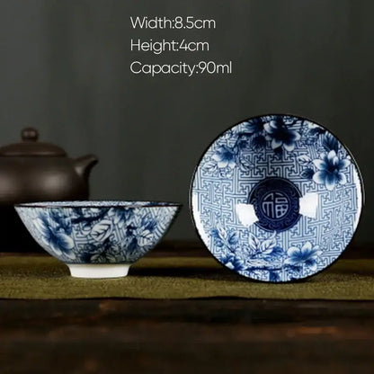 Blue and white porcelain hand-painted tea bowl with floral geometric patterns and chinese characters for decorbites white porcelain set