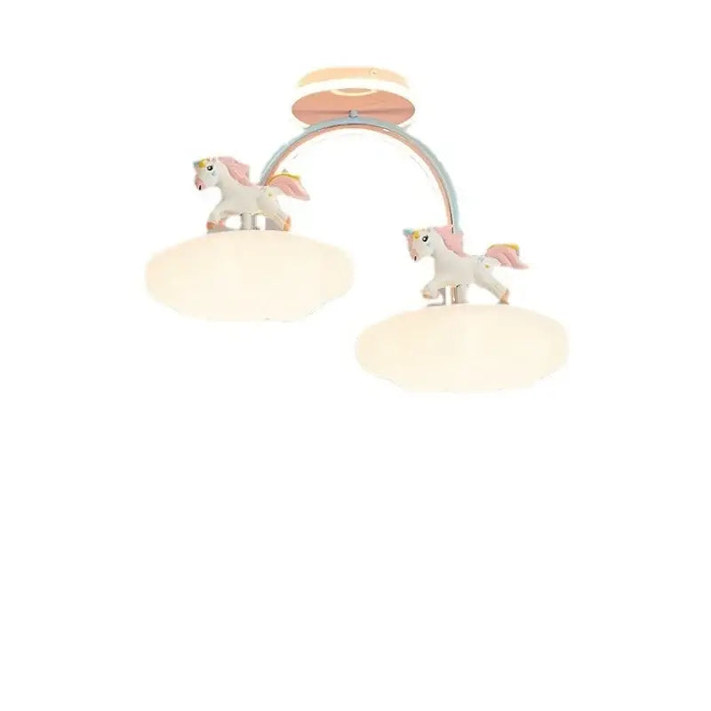 Pastel pink and blue decorbites cloud unicorn ceiling light with two cloud-shaped shades and metallic arch for children’s rooms