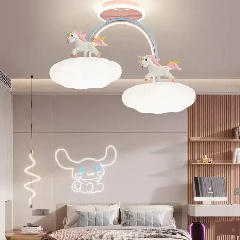 Pink and blue cloud unicorn ceiling light with pastel rainbow arches for children’s bedroom decorbites cloud unicorn design
