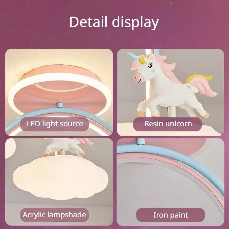 Pastel pink and blue circular led ceiling light with resin decorbites cloud unicorn on cloud unicorn cartoon shade