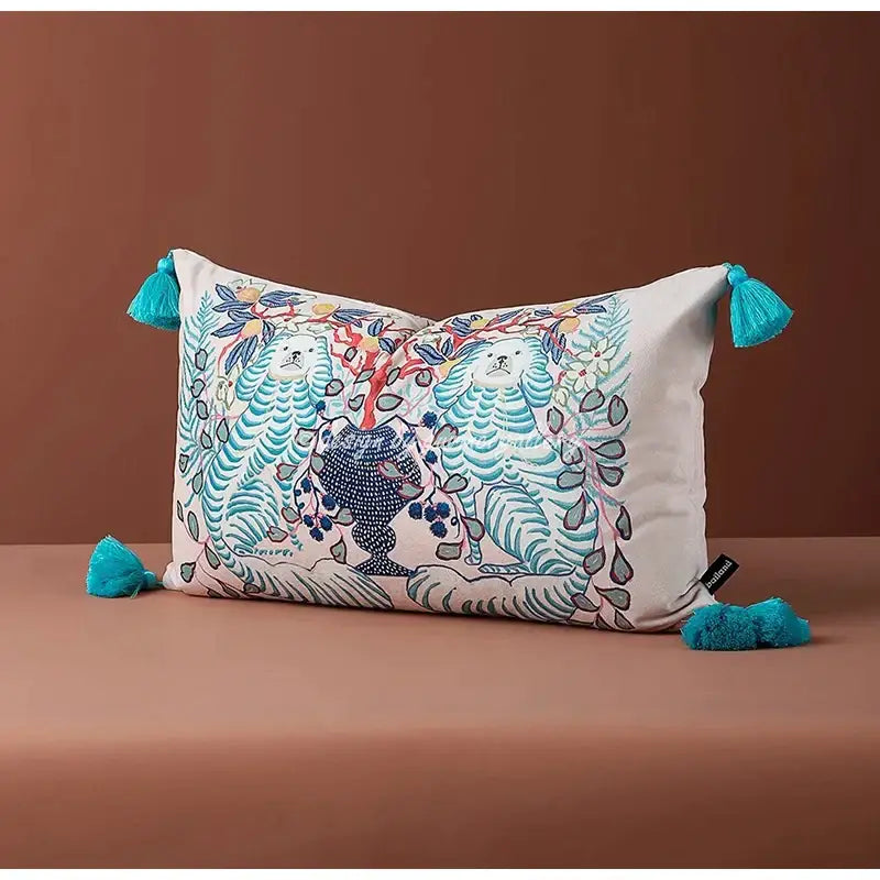 Rectangular pink and blue lion dog lumbar pillow cover with whimsical white bear embroidery and turquoise tassels