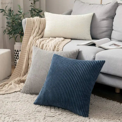Blue corduroy throw pillow with ribbed texture and corduroy pillow cover by decorbites for living room decor