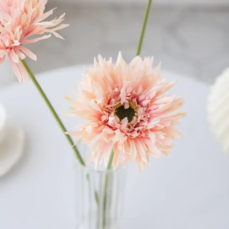 A delicate pink brushed gerbera with layered petals and dark center in a gerbera vase for living room decor