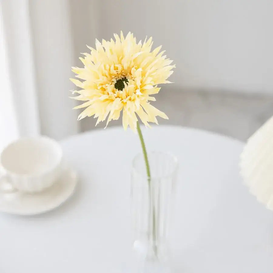 A pale yellow gerbera with a dark center displayed in a clear glass pink brushed gerbera vase for living room decor