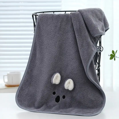 Gray plush face towel with white fluffy ears and black embroidered eyes decorbites cartoon soft hand for bathroom decor