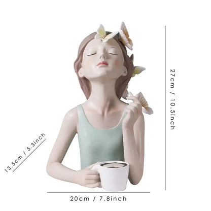 A serene light green butterfly fairy resin figurine holding a white mug with tray decorbites butterfly fairy decor