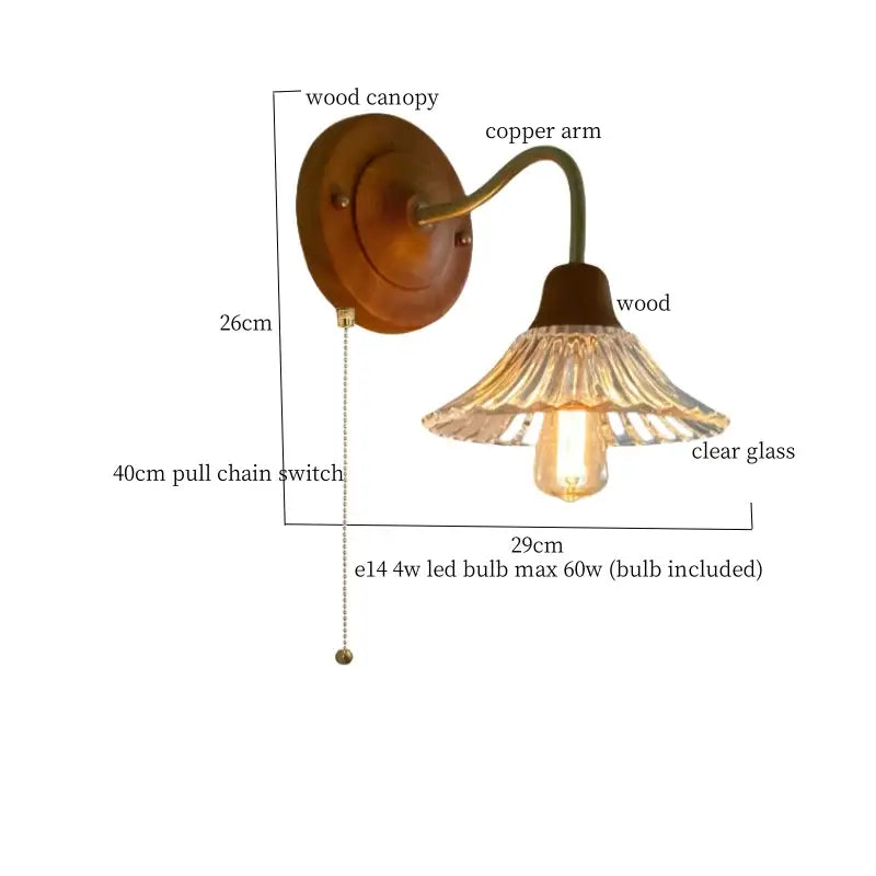 Antique-style pink butterfly glass led wall sconce with warm wood canopy copper arm and fluted clear glass shade decorbites glass led