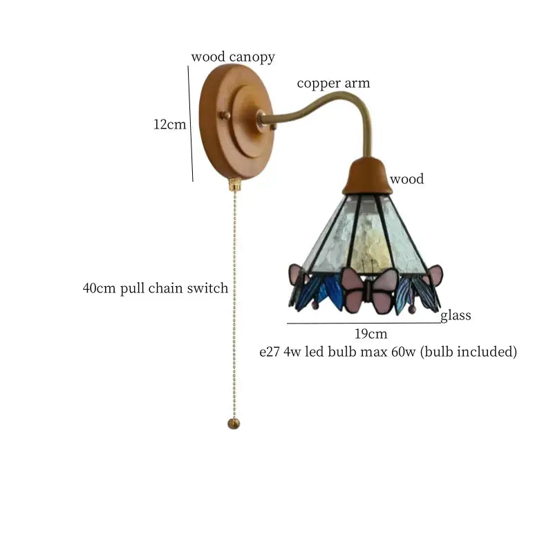Antique-style wall sconce with wooden canopy copper arm and pink blue butterfly decorbites glass led shades for bedroom