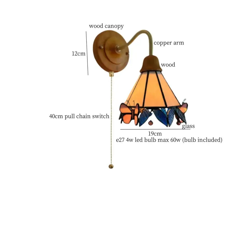 Pink butterfly glass led wall sconce with stained glass shade in amber blue and orange on copper arm for bedroom decorbites glass led