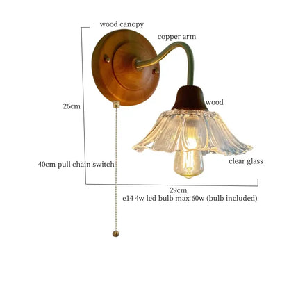 A vintage-style pink butterfly glass led wall sconce with warm wood canopy, copper arm, and fluted glass shade decorbites glass led