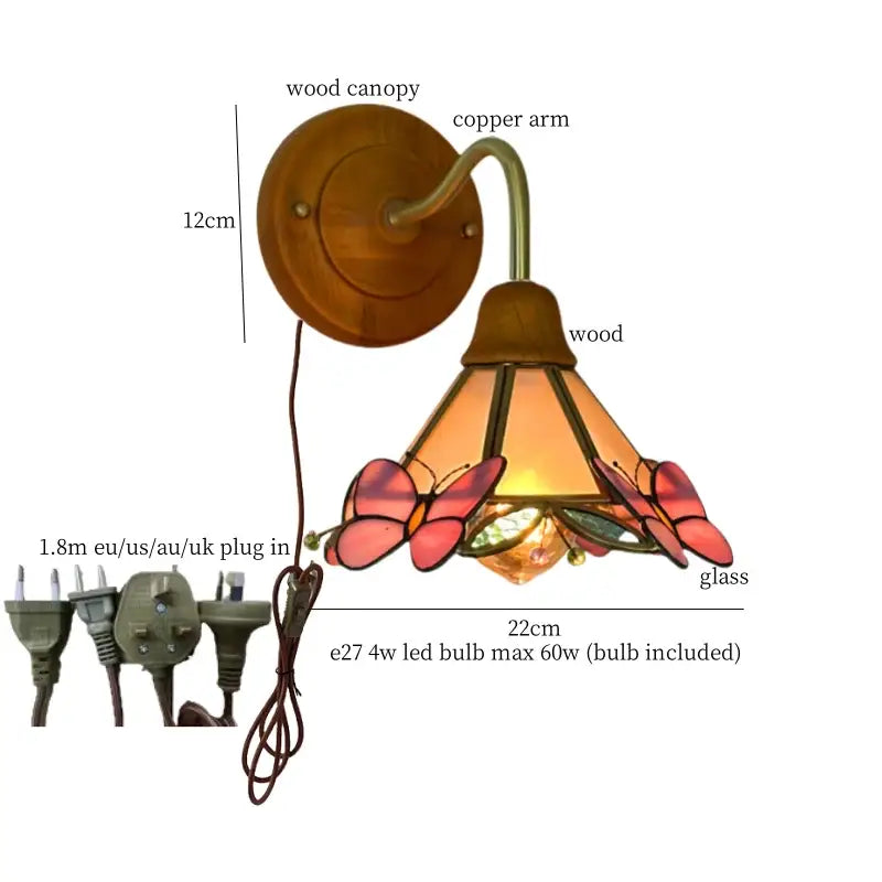 Pink butterfly glass led wall sconce with warm-toned stained glass, wooden canopy, and copper arm for elegant decorbites glass led bedroom light