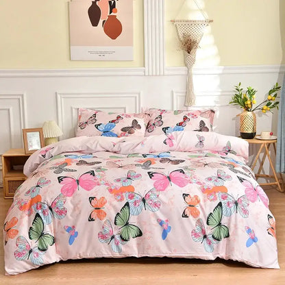 Pink butterfly print bedding set with colorful detailed wing patterns on soft fabric for bedroom duvet cover and sheets