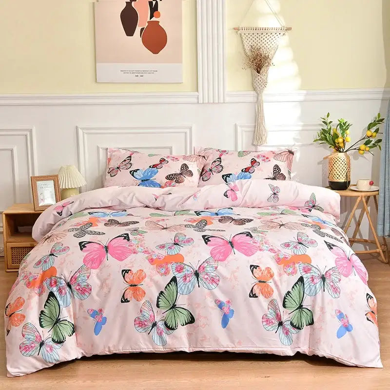 Pink butterfly print bedding set with colorful detailed wing patterns on soft fabric for bedroom duvet cover and sheets