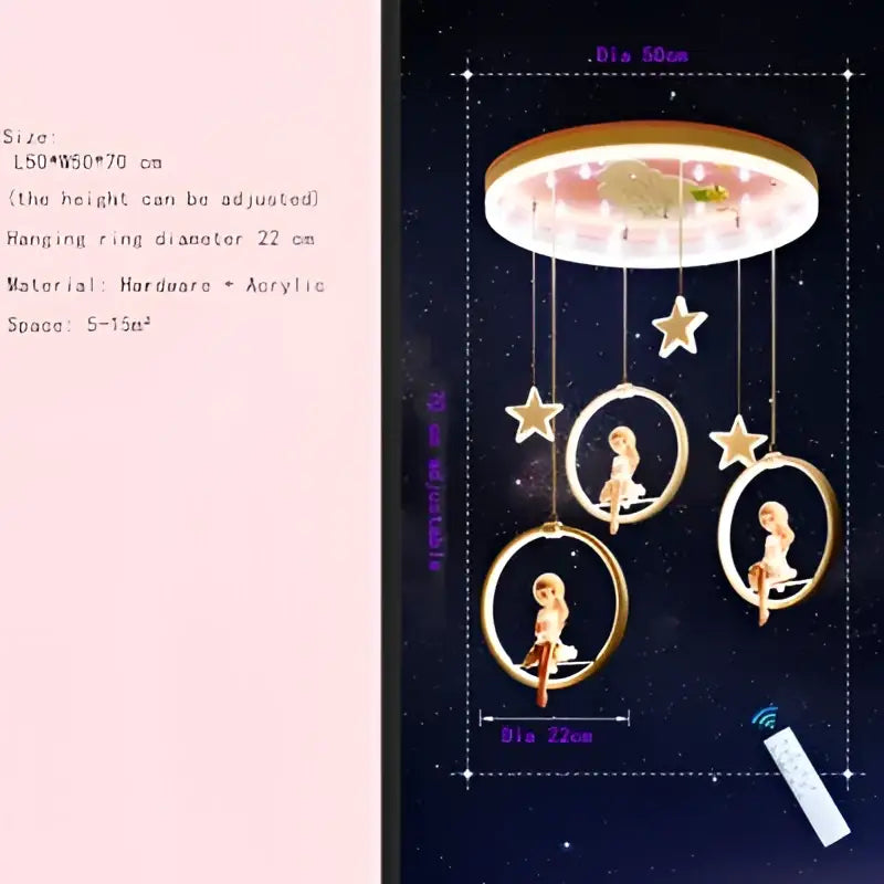 Pink cartoon princess kids room chandelier with led ring features golden rings acrylic stars and figurines decorbites cartoon princess decor