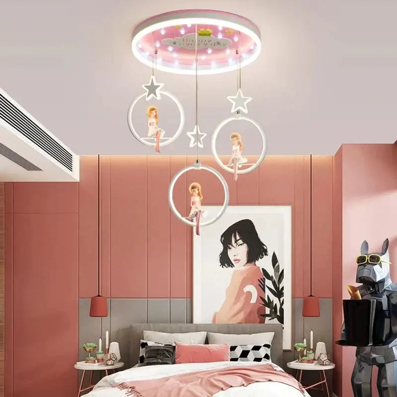 Pink cartoon princess kids room chandelier with led star rings and suspended doll figures for princess kids room decorbites cartoon princess