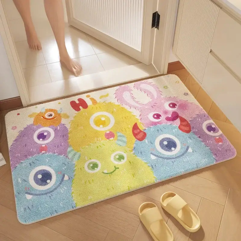 Pink cartoon print plush bathroom mat soft absorbent decorbites cartoon print featuring colorful smiling monsters