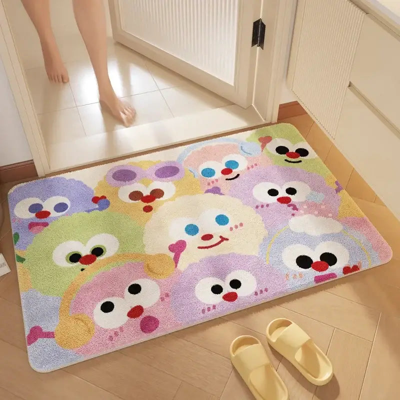 Pink cartoon print plush bathroom mat featuring pastel colorful fluffy creatures for soft absorbent decorbites cartoon print decor