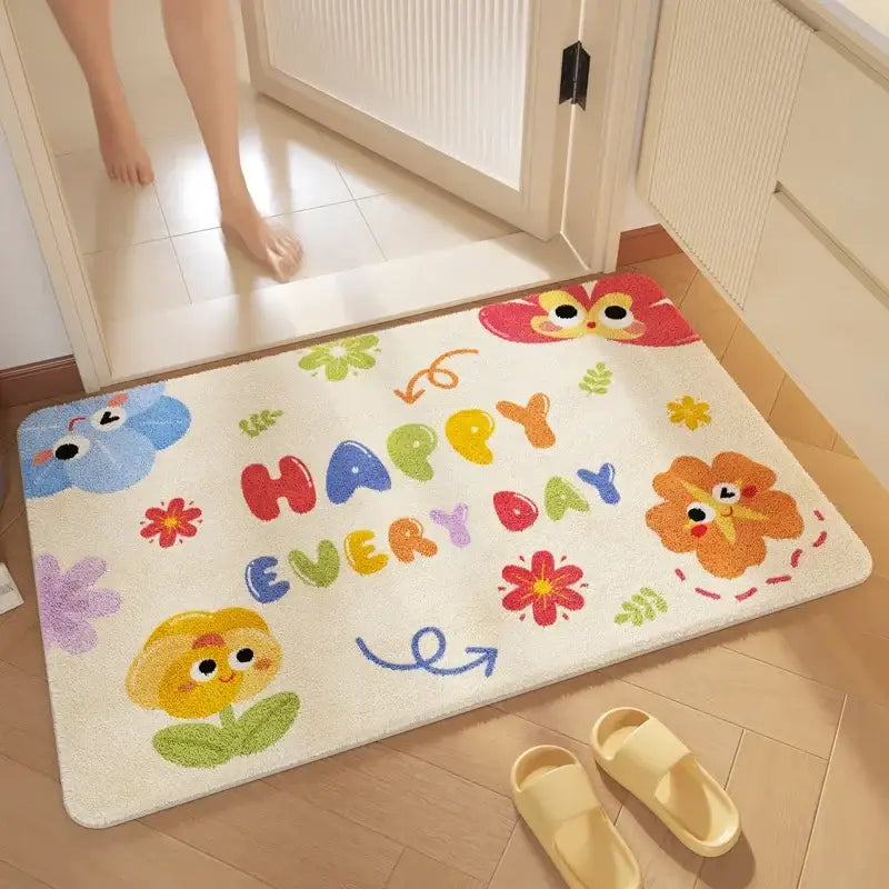 A cheerful cream-colored plush cartoon print bathroom mat with colorful embroidered flowers and happy every day lettering